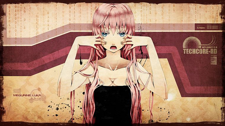 Vocaloid, dress, text, blue eyes, cleavage, Megurine Luka, long hair, pink hair, black dress, open mouth - desktop wallpaper
