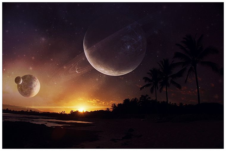 sunset, outer space, planets, beaches - desktop wallpaper