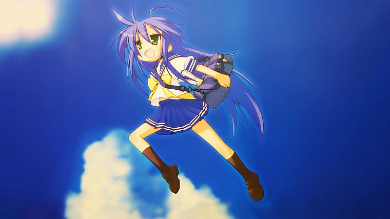 Lucky Star, school uniforms, The Girl Who Leapt Through Time, blue hair, green eyes, Izumi Konata, skies, knee socks - desktop wallpaper