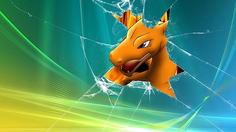 Pokemon, broken screen, Windows Vista, Charizard - desktop wallpaper