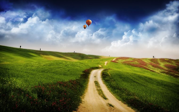 clouds, landscapes, roads, hot air balloons - desktop wallpaper