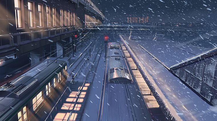 snow, Makoto Shinkai, train stations, 5 Centimeters Per Second, snowing - desktop wallpaper
