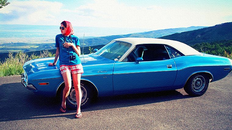 women, cars, pinups, Dodge Challenger - desktop wallpaper