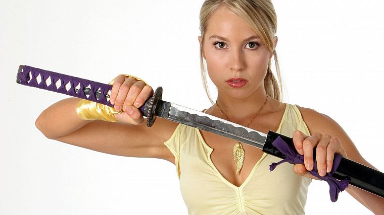 blondes, women, actress, katana, samurai, blade, Sarah Carter, swords - desktop wallpaper