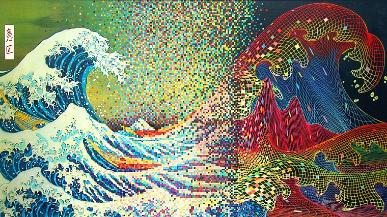 pixels, The Great Wave off Kanagawa - desktop wallpaper