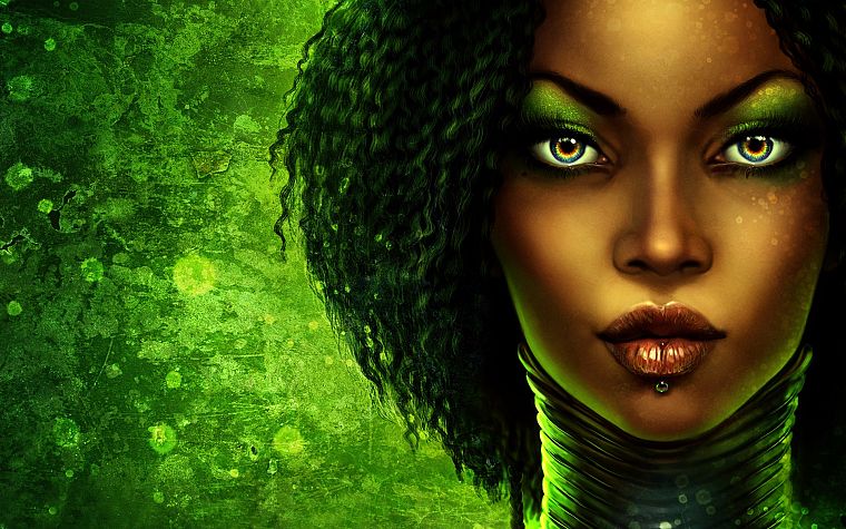 green, women, fantasy, paintings, faces - desktop wallpaper