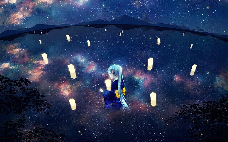 water, landscapes, Vocaloid, night, stars, Hatsune Miku, long hair, kimono, twintails, scenic, aqua eyes, aqua hair, candles, skyscapes, reflections, Japanese clothes - desktop wallpaper