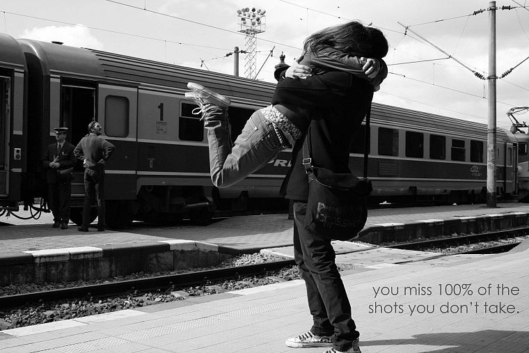 black, white, trains, train stations, monochrome, vehicles, lovers, greyscale, hugging - desktop wallpaper