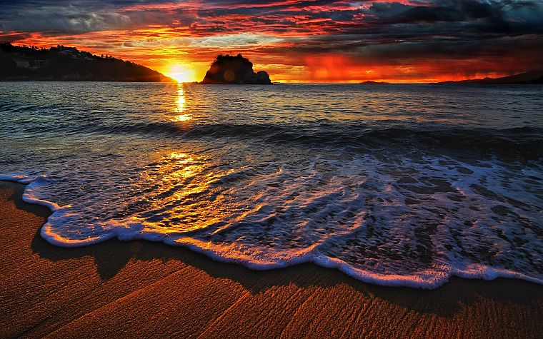 sunset, ocean, clouds, reflections, sea, beaches - desktop wallpaper