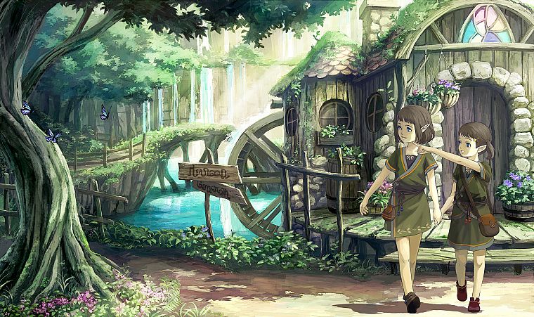 nature, woods, elves, anime, butterflies, mills - desktop wallpaper