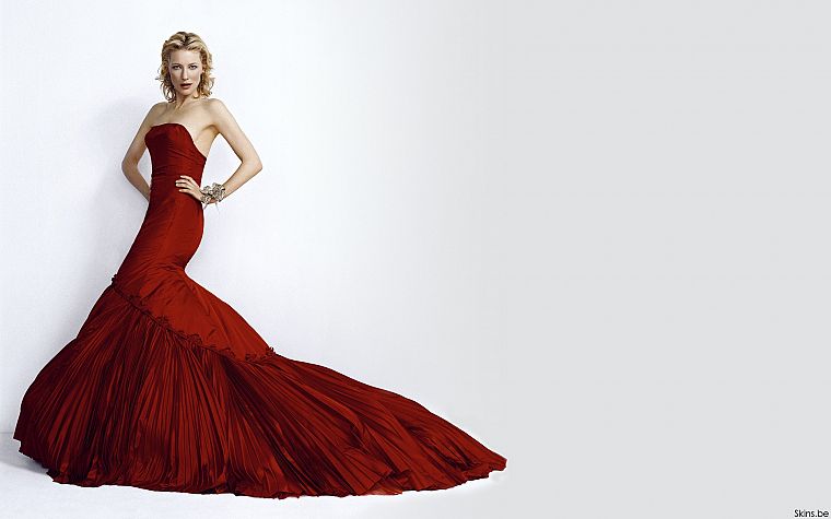 blondes, women, actress, Cate Blanchett, red dress, simple background, white background - desktop wallpaper