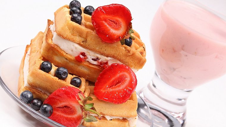 food, waffles, cream, strawberries, blueberries - desktop wallpaper