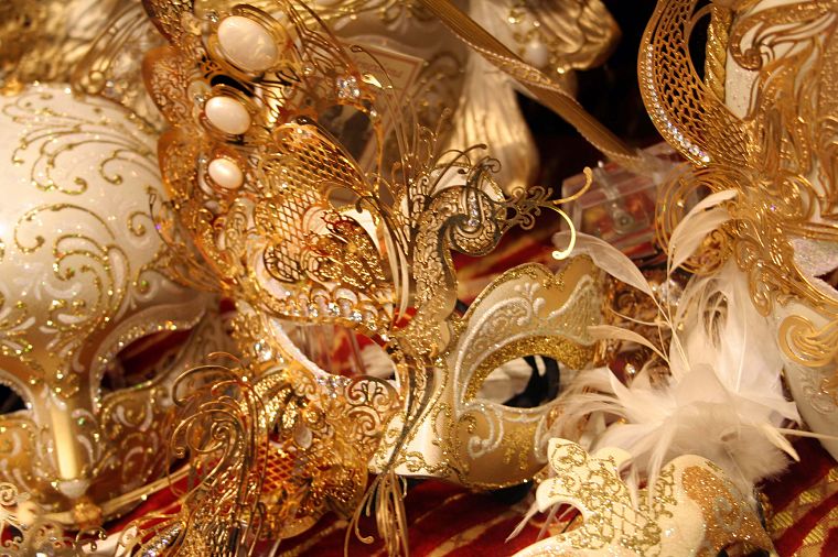 golden, feathers, masks, glitter, Venetian masks - desktop wallpaper