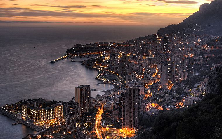 coast, cityscapes, night, lights, urban, buildings, skyscrapers, Monaco - desktop wallpaper