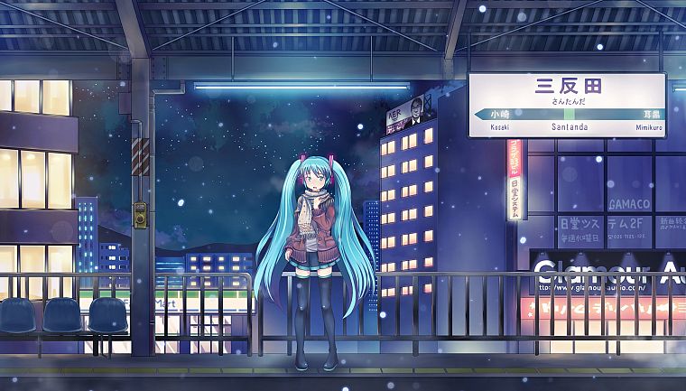 women, Vocaloid, Hatsune Miku, twintails, snowing, sweaters - desktop wallpaper