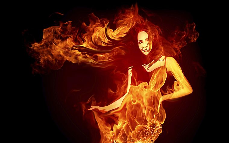 women, flames, fire, black background - desktop wallpaper