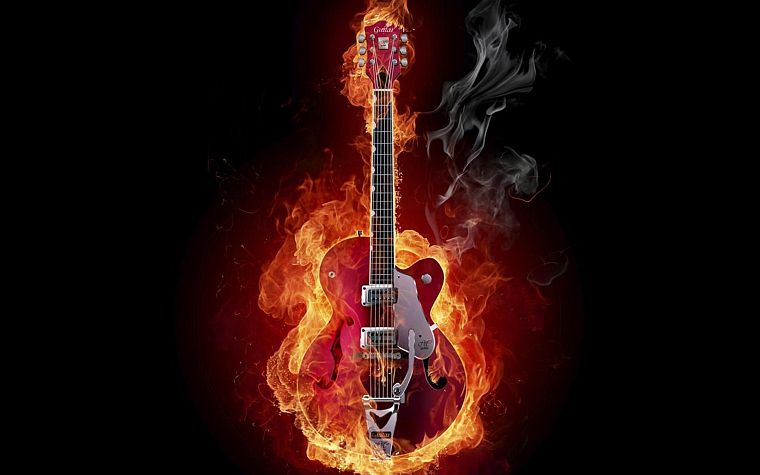 flames, fire, guitars, black background - desktop wallpaper