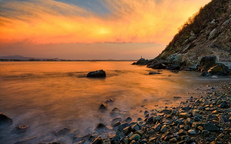 sunset, rocks, sea, beaches - desktop wallpaper