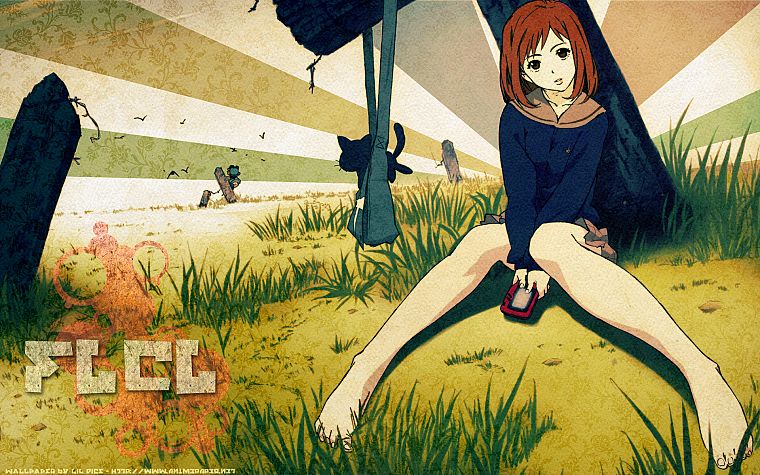 FLCL Fooly Cooly, grass, school uniforms, outdoors, Canti, barefoot, sitting, anime, anime girls, Samejima Mamimi - desktop wallpaper