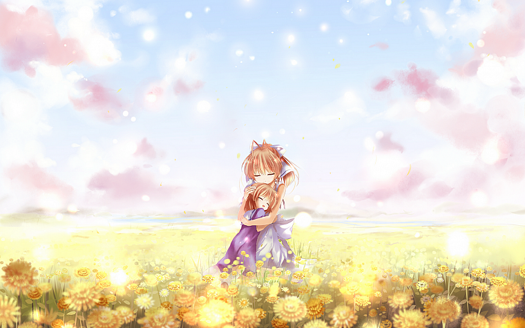 clouds, flowers, fields, Clannad, Furukawa Nagisa, Okazaki Ushio, skyscapes, anime girls - desktop wallpaper