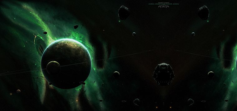 green, outer space, planets, rocks, rings, asteroids, meteorite, moons - desktop wallpaper