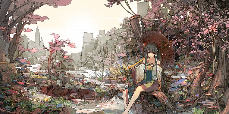 Touhou, forests, Hakurei Reimu, anime, umbrellas, anime girls, detached sleeves - desktop wallpaper