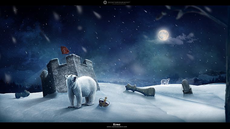abstract, snow, Moon, crowns, chess pieces, Desktopography, polar bears, night sky - desktop wallpaper