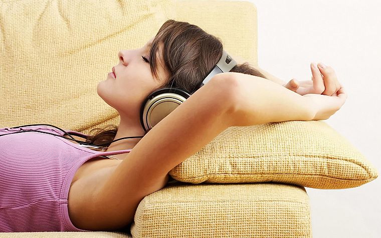 headphones, women, couch, closed eyes - desktop wallpaper