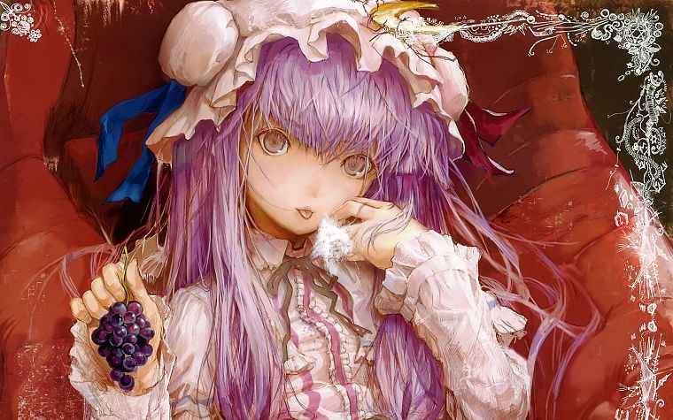 video games, Touhou, fruits, food, Moon, long hair, ribbons, tongue, grapes, purple hair, Fuyuno Haruaki, chairs, sitting, Knowledge Patchouli, pink eyes, Patchouli Knowledge, hats, hair bun, witches - desktop wallpaper
