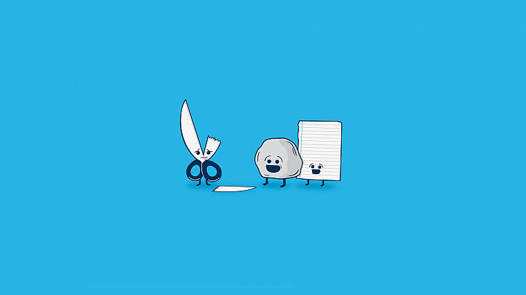paper, minimalistic, scissors, rocks, funny, blue background - desktop wallpaper