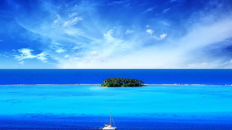 blue, ocean, clouds, landscapes, nature, ships, islands, skyscapes - desktop wallpaper
