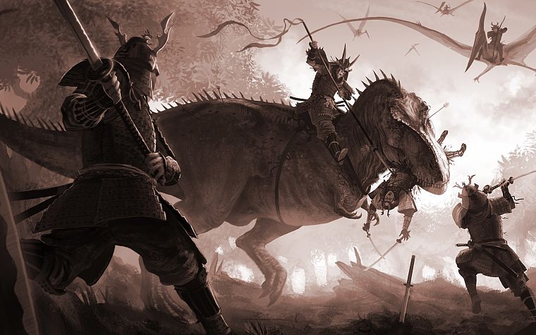 dinosaurs, samurai, drawings, Tyrannosaurus Rex - desktop wallpaper