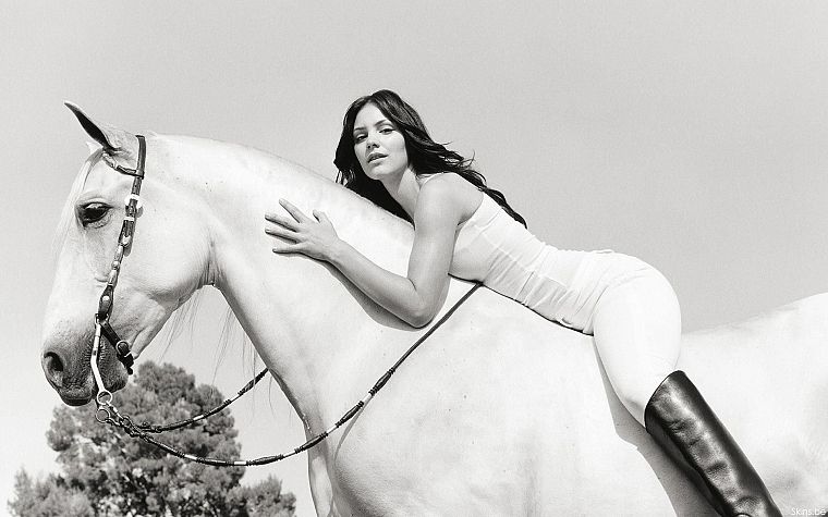 women, dress, white, horses, grayscale, monochrome, girls with horses - desktop wallpaper