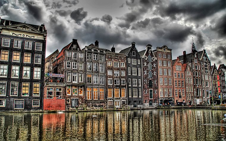 clouds, buildings, Europe, dam, Holland, Amsterdam, HDR photography, rivers, reflections - desktop wallpaper