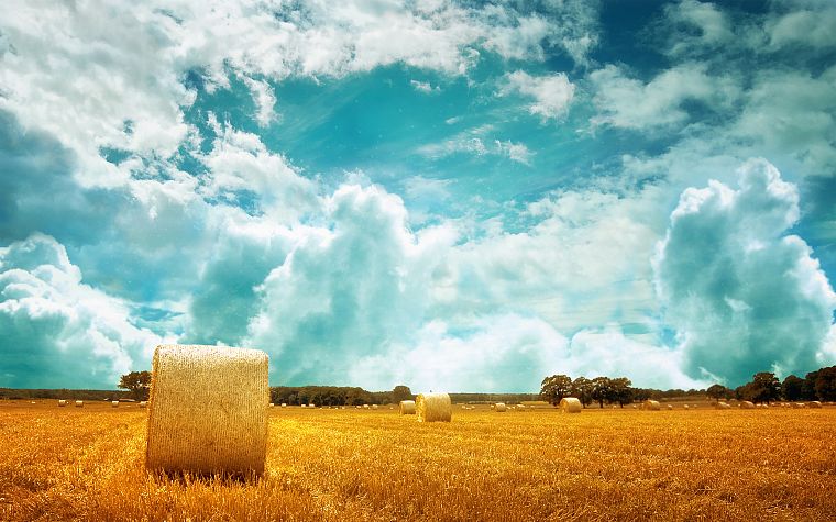 clouds, fields, hay, farms, skyscapes - desktop wallpaper