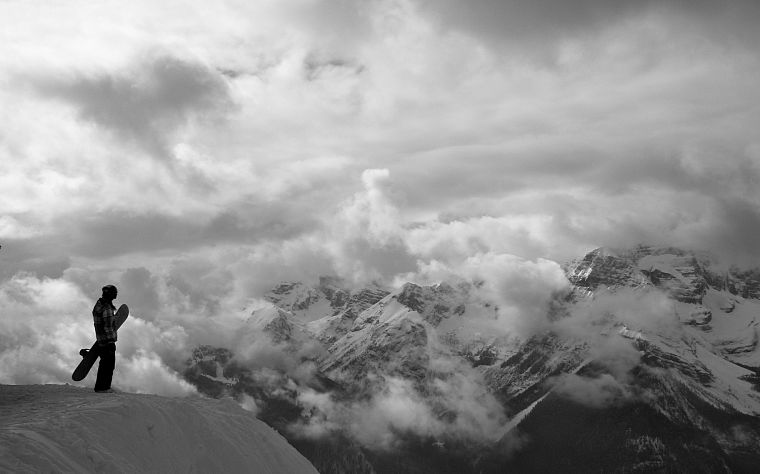 black and white, mountains, snow, snowboarding - desktop wallpaper