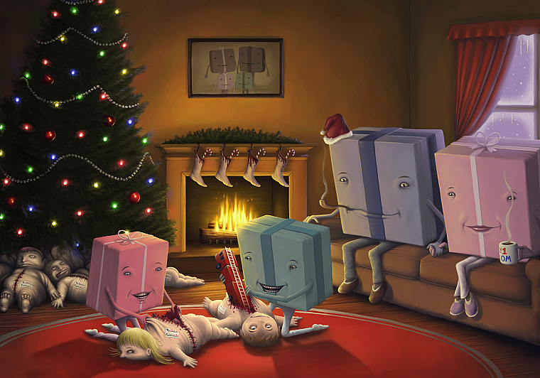 dead, Christmas, disturbing, artwork, Christmas gifts, children, fireplaces - desktop wallpaper