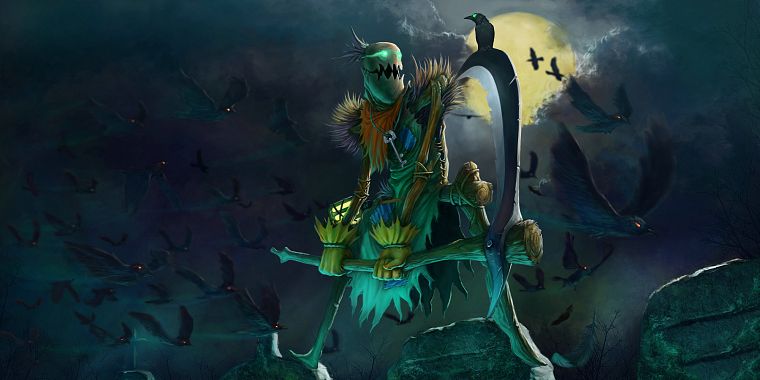video games, scythe, funny, League of Legends, artwork, Fiddlesticks, crows - desktop wallpaper