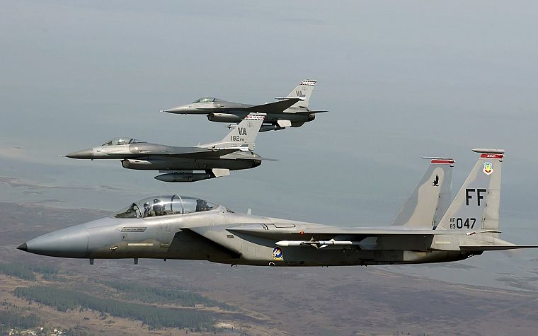 war, airplanes, F-15 Eagle, F-16 Fighting Falcon - desktop wallpaper