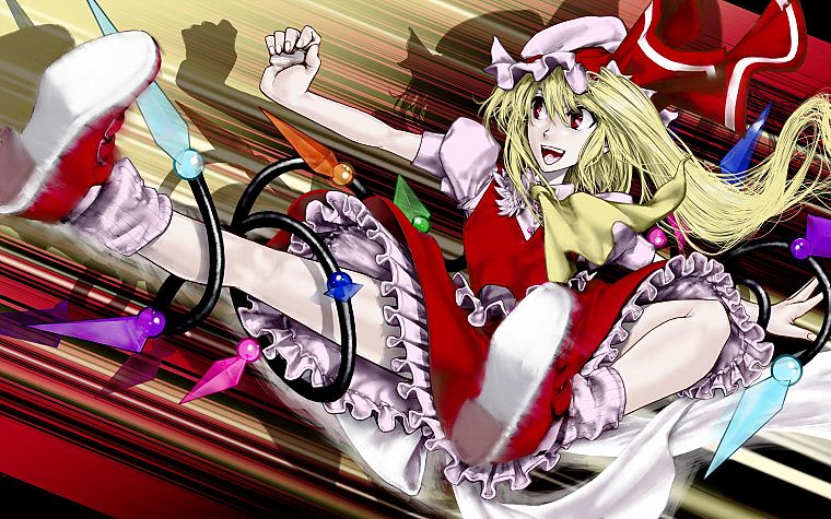 blondes, Touhou, wings, long hair, red eyes, smiling, open mouth, ponytails, action, Flandre Scarlet, hats, vampire - desktop wallpaper