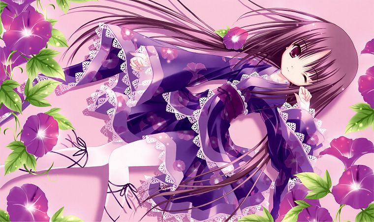 flowers, long hair, purple hair, lolicon, purple eyes, wink, lolita fashion, Tinkle Illustrations, Japanese clothes - desktop wallpaper