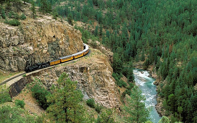 mountains, forests, railroad tracks, steam engine - desktop wallpaper