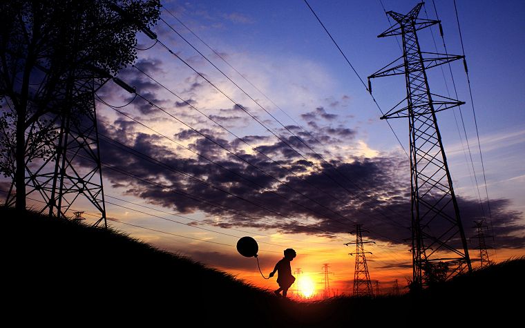 sunset, silhouettes, lonely, power lines, balloons, electricity pole, playing, children - desktop wallpaper