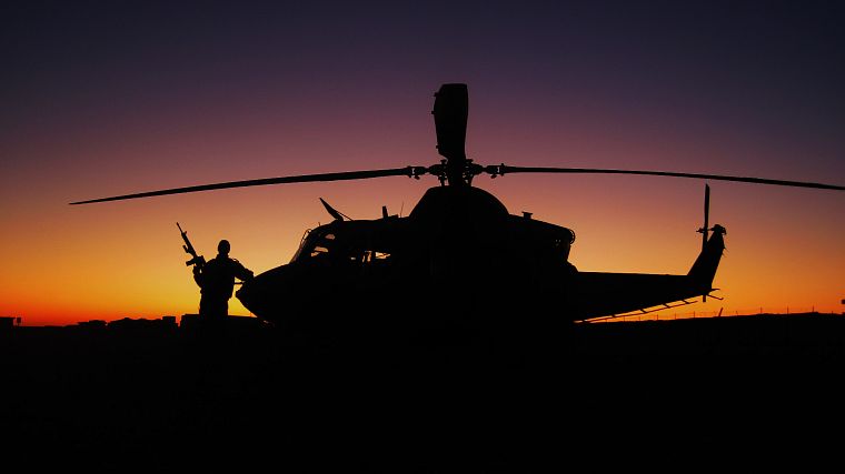 sunset, guns, helicopters, silhouettes, Canada, vehicles - desktop wallpaper