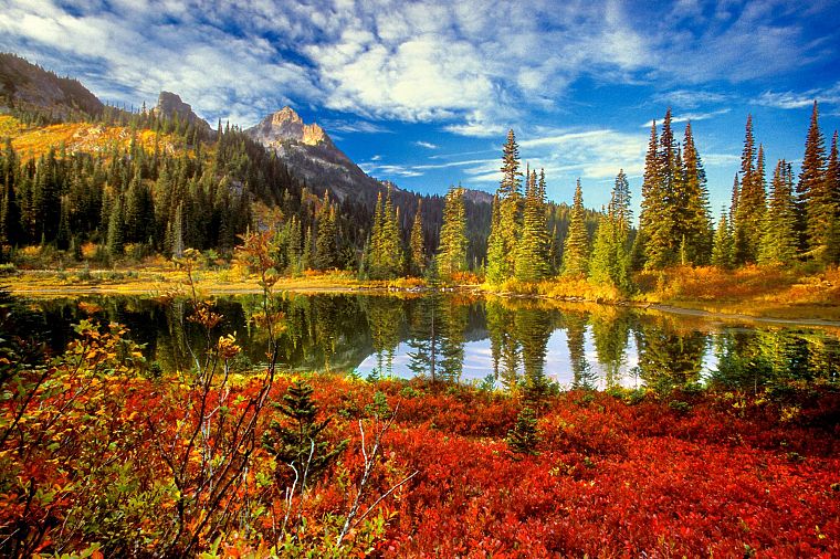 water, mountains, clouds, landscapes, nature, trees, autumn, lakes, reflections - desktop wallpaper