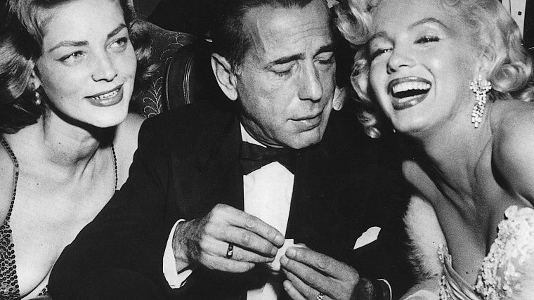 Humphrey Bogart, Lauren Bacall, Marilyn Monroe, monochrome - desktop wallpaper