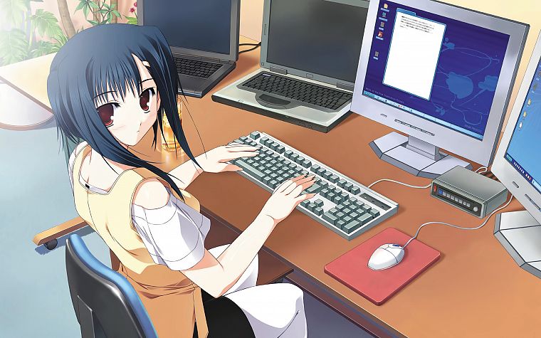 computers, keyboards, short hair, big eyes, desks, mice, anime girls, notebook - desktop wallpaper