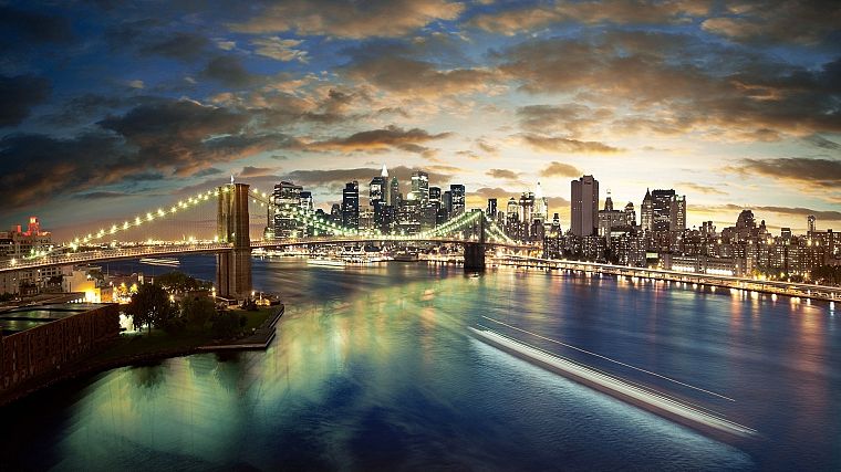 landscapes, bridges, nightlights, city skyline, rivers - desktop wallpaper