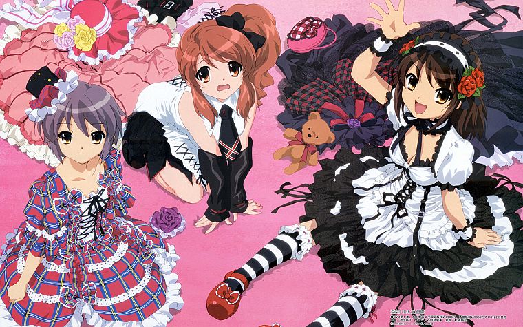 Asahina Mikuru, Nagato Yuki, The Melancholy of Haruhi Suzumiya, Suzumiya Haruhi, knee socks, striped legwear - desktop wallpaper