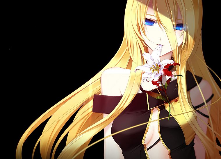 blondes, Vocaloid, flowers, blue eyes, blood, long hair, zippers, simple background, anime girls, wires, lilies, black background, Lily (Vocaloid), open clothes, bare shoulders - desktop wallpaper